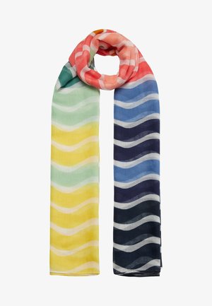 Długi kolorowy szalik z falistymi paskami w gradientach koralowego, zielonego, żółtego, niebieskiego i czarnego, złożony w pętlę na górze.