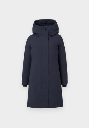 Navy blue parka jacket with a high collar, large hood, long sleeves, and concealed front zipper. Features side pockets and elastic cuffs.