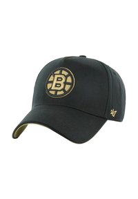 Gorra de béisbol negra con un logo circular que presenta una "B" dorada y radios. Tiene una superficie texturizada y un lado inferior del visor en dorado contrastante.