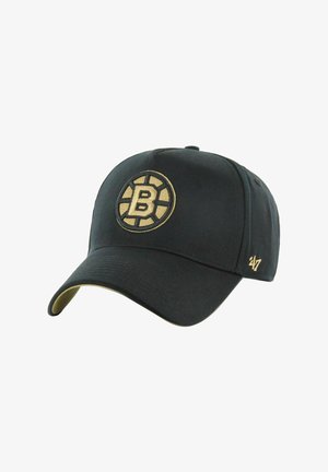 Gorra de béisbol negra con un logo circular que presenta una "B" dorada y radios. Tiene una superficie texturizada y un lado inferior del visor en dorado contrastante.