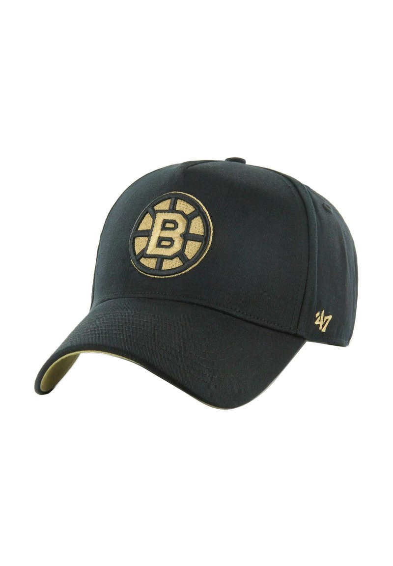 Gorra de béisbol negra con un logo circular que presenta una "B" dorada y radios. Tiene una superficie texturizada y un lado inferior del visor en dorado contrastante.