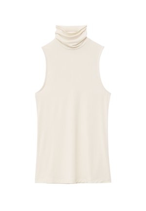 Cremefarbener ärmelloser Top mit hochgezogenem, drapiertem Wasserfallausschnitt. Hergestellt aus weichem, glattem Stoff mit leicht dehnbarem Material und ohne Verzierungen.