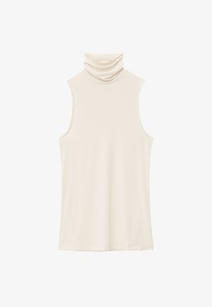 Cremefarbener ärmelloser Top mit hochgezogenem, drapiertem Wasserfallausschnitt. Hergestellt aus weichem, glattem Stoff mit leicht dehnbarem Material und ohne Verzierungen.