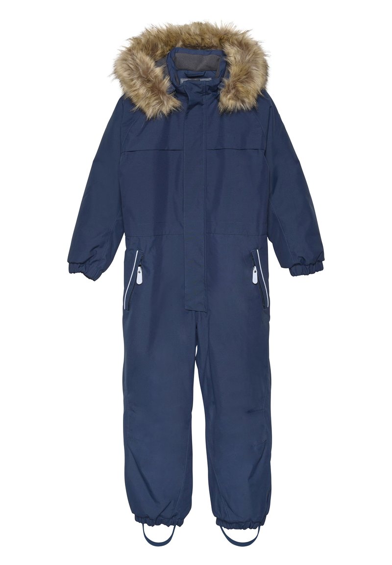 Marinblå isolerad overall med avtagbar fuskpäls på huvan, dragkedjefickor i sidan och elastiska manschetter vid handleder och anklar.