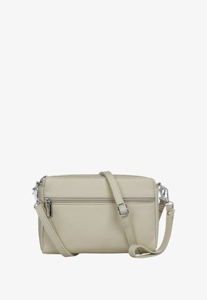 Hellbeige Leder-Crossbody-Tasche mit strukturierter Oberfläche, ausgestattet mit zwei Reißverschlussfächern und einem verstellbaren Gurt. Mit silbernen Hardware-Akzenten.