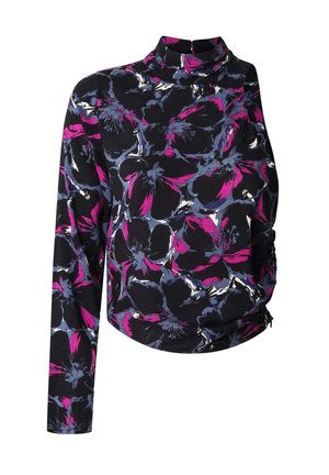 Langärmliges schwarzes Oberteil mit floralem Muster in Pink, Blau und Weiß, mit hohem Kragen und gerafftem Seitendetail. Weicher Stoff.