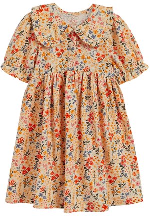 Robe pour tout-petit avec manches ballon, col à volants, boutons devant, et imprimé floral multicolore sur tissu beige clair.