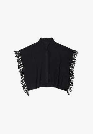 Schwarzer Poncho mit fransensaum, aus weichem Material gefertigt, mit einem hohen Kragen und einer vorderen Öffnung für vielseitiges Tragen.