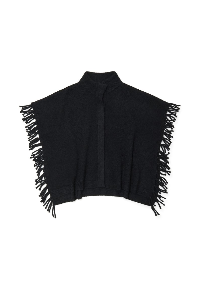 Poncho nero con orlo frangiato, realizzato in materiale morbido, con colletto alto e apertura frontale per un utilizzo versatile.