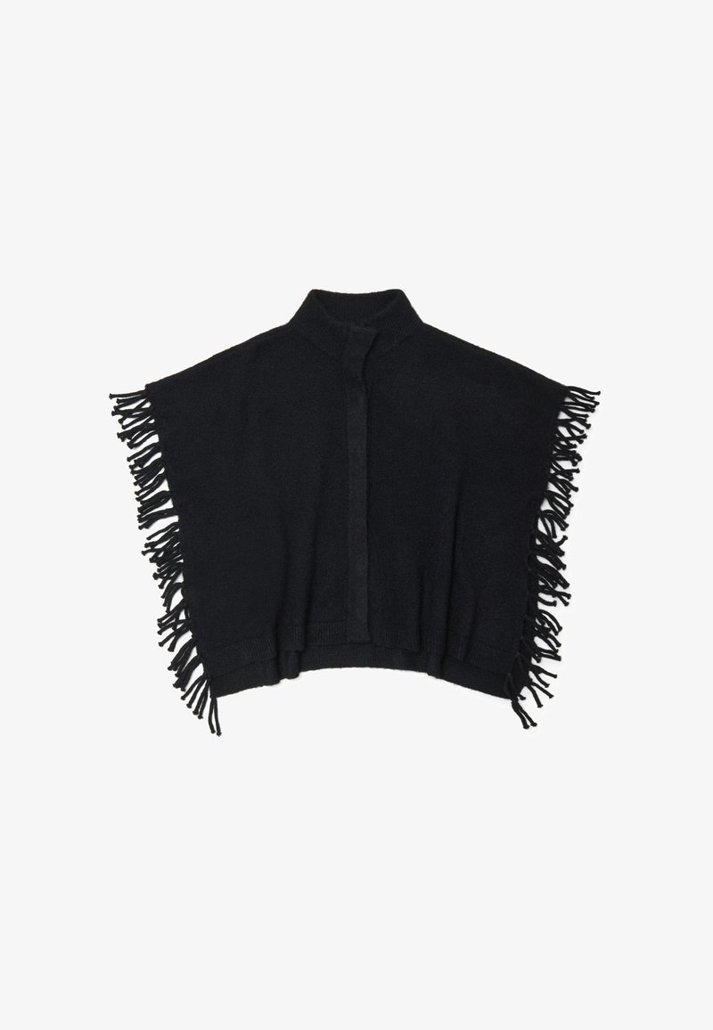 Poncho noir avec un ourlet à franges, fabriqué en matériau doux, doté d'un col haut et d'une ouverture à l'avant pour un port polyvalent.