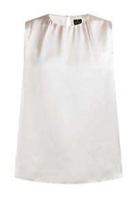 Witte mouwloze blouse van glad, glanzend materiaal. Heeft een geraffineerde halslijn en een kleine knoopsluiting aan de achterkant.