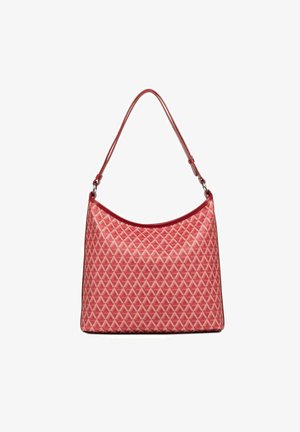 Borsa a tracolla rossa trapuntata con parte superiore curva e una sola tracolla; presenta un motivo geometrico a diamante e una texture liscia.