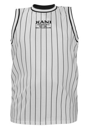 Ärmlös vit tanktopp med svarta ränder, utrustad med en svart räfflad krage och en iögonfallande "KANI"-logotyp i mitten.