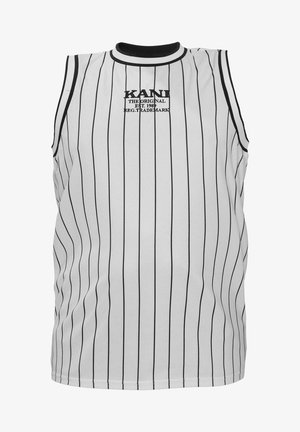 Bez piedurknēm balts krekls ar melniem svītrām, ar melnu ribotu apkakli un izteiksmīgu "KANI" logotipu centrā.