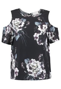 Blusa negra con estampado floral y diseño de hombros al descubierto, mangas cortas y tela suave y ligera. Presenta flores en tonos morado y blanco.