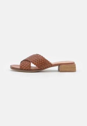 Brun vævet læder slip-on sandal med åben tå og lav stablet blokhæl på ensfarvet baggrund.