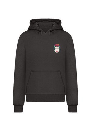 Black hooded sweatshirt featuring a front pocket, ribbed cuffs, and an embroidered design of a face with floral accents on the chest.