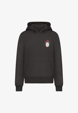 Black hooded sweatshirt featuring a front pocket, ribbed cuffs, and an embroidered design of a face with floral accents on the chest.