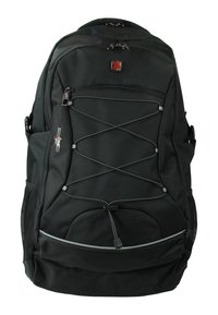 Zwarte rugzak gemaakt van duurzaam materiaal, met een rits hoofdvak, mesh zijvakken en reflecterende accenten. Bungeekoordontwerp aan de voorkant.