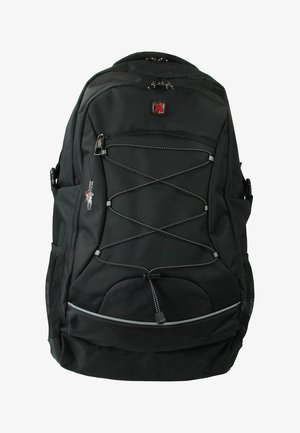 Sac à dos noir en tissu durable, avec un compartiment principal zippé, des poches latérales en filet et des accents réfléchissants. Design avec cordon élastique à l'avant.