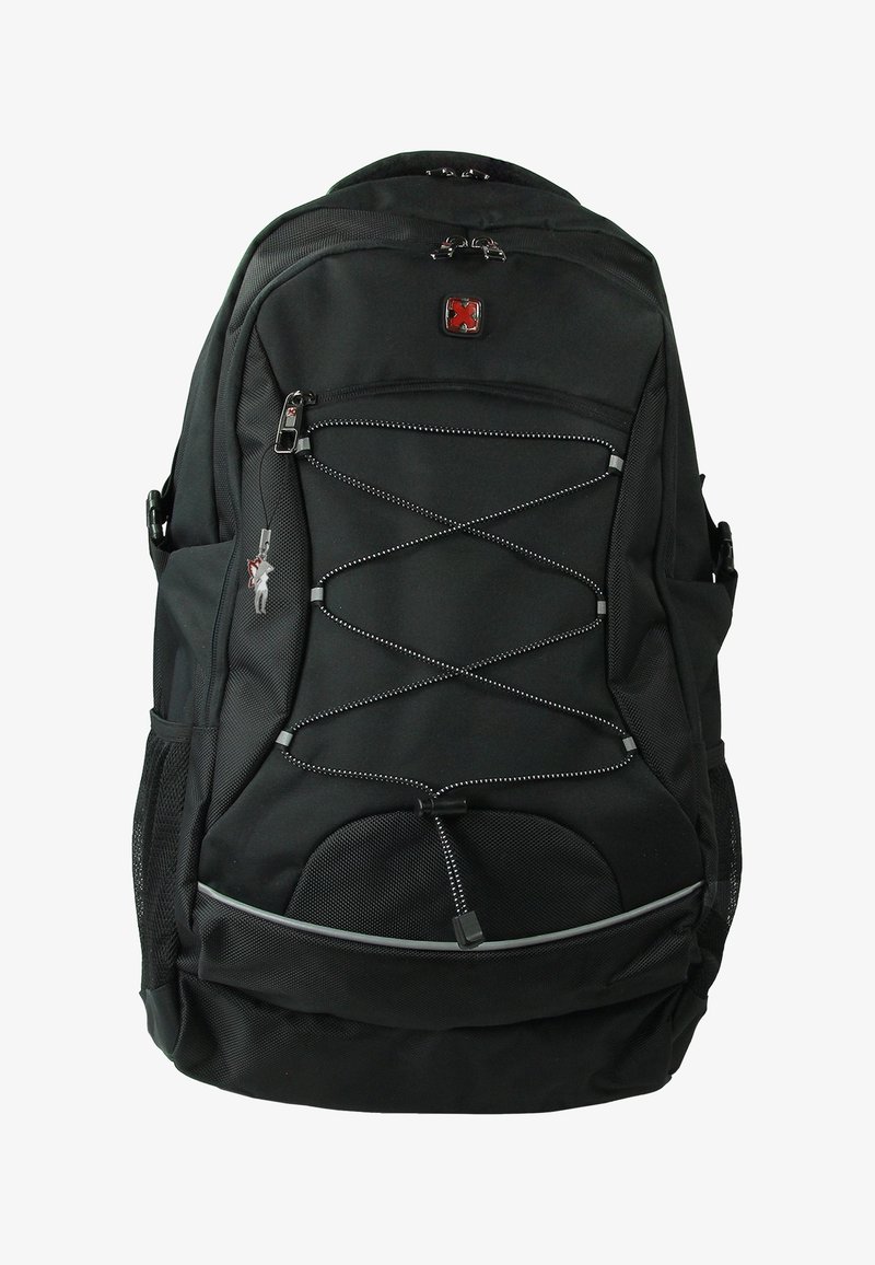 Zwarte rugzak gemaakt van duurzaam materiaal, met een rits hoofdvak, mesh zijvakken en reflecterende accenten. Bungeekoordontwerp aan de voorkant.