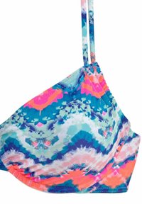 Bunt gemusterter Bikini-Oberteil mit einer Mischung aus türkisfarbenen, rosa und lila Blumenmustern. Hergestellt aus weichem, elastischem Material mit verstellbaren Trägern.