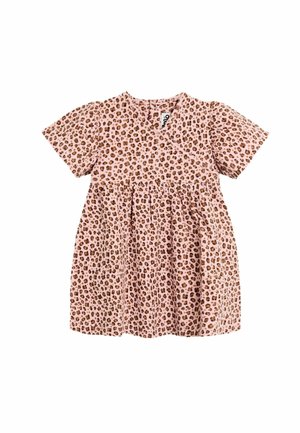 Leopard-print dress featuring short sleeves, a round neckline, gathered waistline, and a pink background with brown spots.