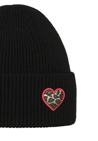 Black knitted beanie hat with a ribbed texture featuring a red outline heart patch adorned with a leopard print design.