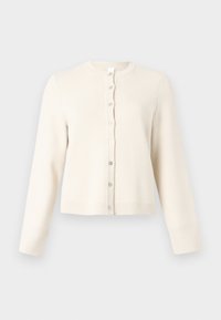 Kremfarget bomullsblanding cardigan med rund hals, lange ermer og knappelukking foran. Har ribbestrikket kant nederst og på ermene.