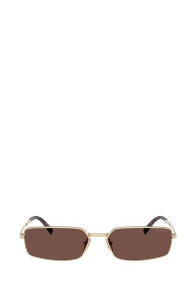 Occhiali da sole Prada con montatura in metallo dorato, forma ottagonale, lenti marrone scuro e dettagli tartarugati neri sulle aste.