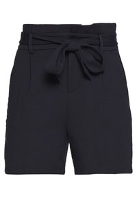 Shorts bleu marine en tissu lisse avec une taille haute, dotés d'une ceinture nouée et de deux poches latérales pour plus de fonctionnalité.