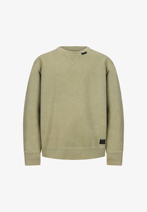 Hellolivgrünes Sweatshirt mit Rundhalsausschnitt, gerippten Bündchen und Saum, kleinen schwarzen Markenzeichen am Kragen und an der unteren linken Seite.