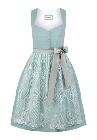 Mintgrünes Kleid mit tailliertem Oberteil, quadratischem Ausschnitt und dekorativen Knöpfen. Es verfügt über einen bestickten Spitzenrock und ein satiniertes Band.