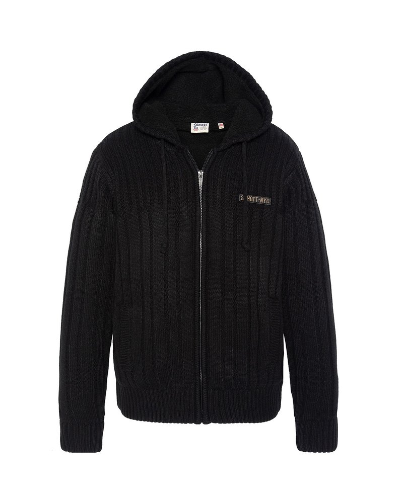 Sort zip-up hoodie med ribbet tekstur, der har en foret hætte og to frontlommer. Indeholder et lille logo på brystet.