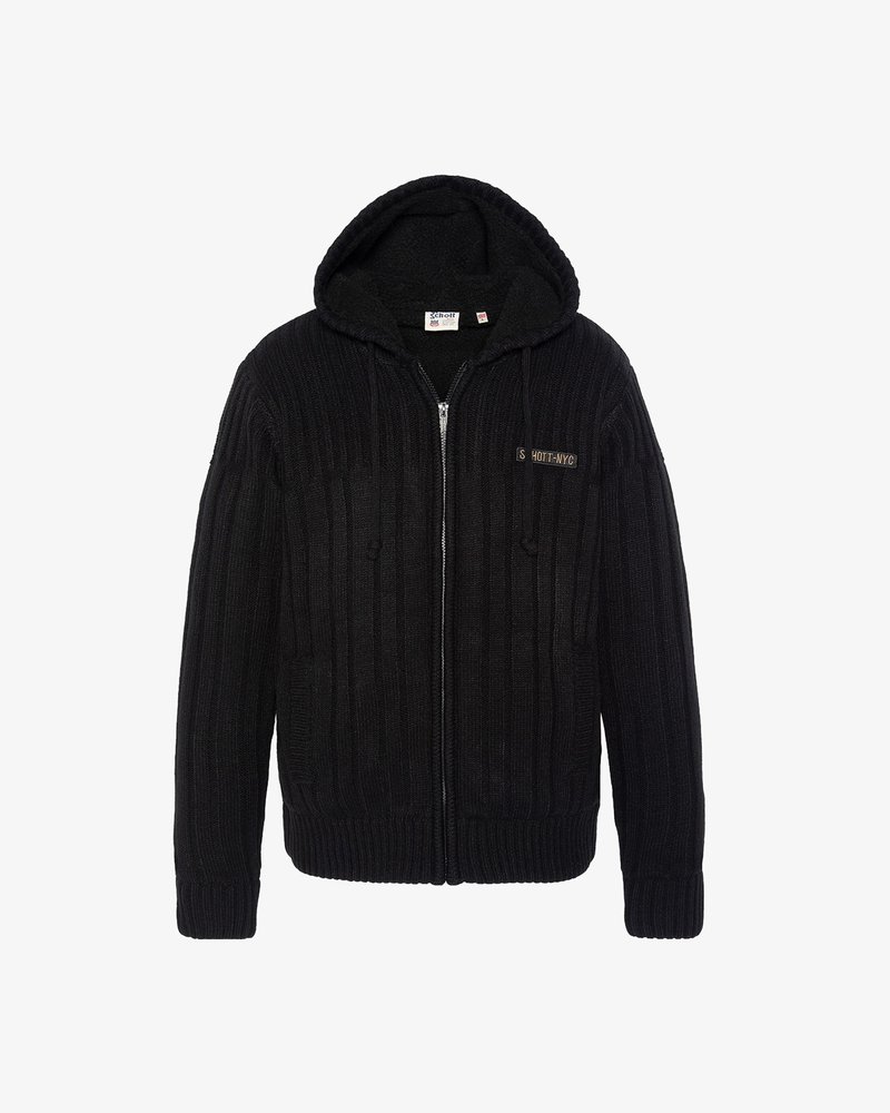 Schwarze Zip-Hoodie mit gerippter Textur, ausgestattet mit einer gefütterten Kapuze und zwei vorderen Taschen. Enthält ein kleines Logo auf der Brust.