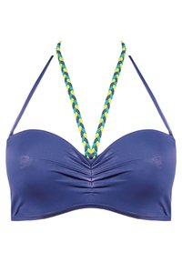 Biustonosz bikini w głębokim granatowym kolorze, z marszczonym przodem i plecionymi ramiączkami w odcieniach niebieskiego i żółtego, o gładkim, teksturowanym wykończeniu.