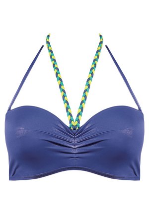 Biustonosz bikini w głębokim granatowym kolorze, z marszczonym przodem i plecionymi ramiączkami w odcieniach niebieskiego i żółtego, o gładkim, teksturowanym wykończeniu.