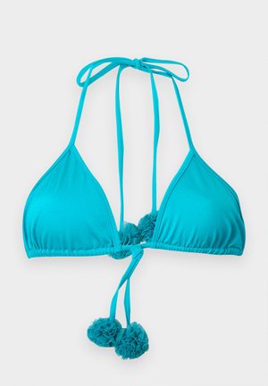 Turquoise blue triangle bikini top with halter neck ties and decorative fabric pom-poms at the front and back ties.