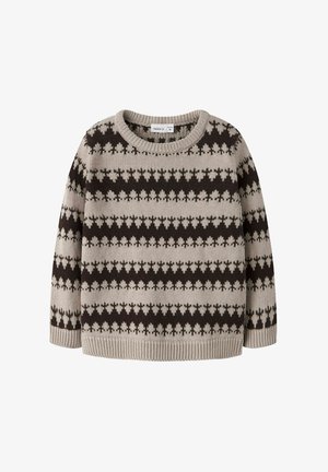 Gebreide trui in beige met donkerbruine geometrische patronen, heeft een ronde halslijn en geribde manchetten en zoom. Zachte textuur, relaxte pasvorm.