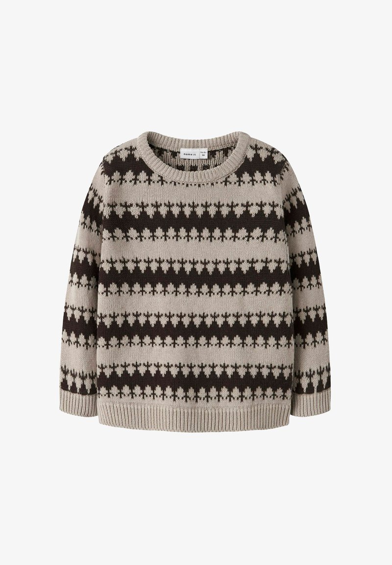 Beżowy sweter wykonany na drutach z ciemnobrązowymi geometrycznymi wzorami, z okrągłym dekoltem oraz ściągaczami przy rękawach i dole. Miękka tekstura, luźny krój.