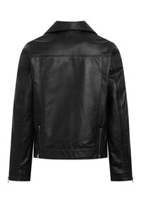 Schwarze Lederbikerjacke mit Reißverschlüssen an den Ärmeln und Seiten, von hinten auf einem weißen Hintergrund gezeigt.