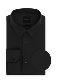 Czarna slim fit koszula, długie rękawy, kołnierzyk zapinany na guziki, widoczna struktura tkaniny, zawiera pasujący okrągły kawałek materiału.