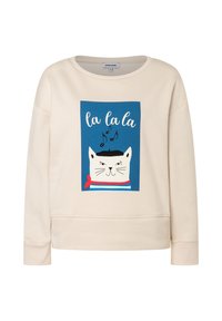 Cremfarbener Sweatshirt mit einer Katzenillustration auf blauem Hintergrund und dem Text "la la la." Es hat einen Rundhalsausschnitt und gerippte Bündchen.