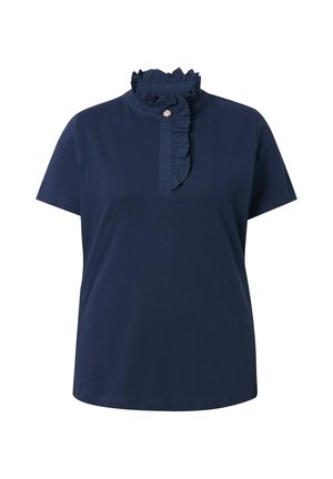 Haut bleu marine à manches courtes avec col haut froncé et détail de volants verticaux boutonnés au centre devant.