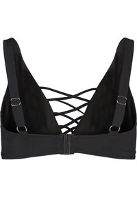 Čierny bikiny top s hlbokým V-výstrihom, prekríženým dizajnom na chrbte z čipky, nastaviteľnými ramienkami a zapínaním na sponu. Hladká tkanina s matným povrchom.
