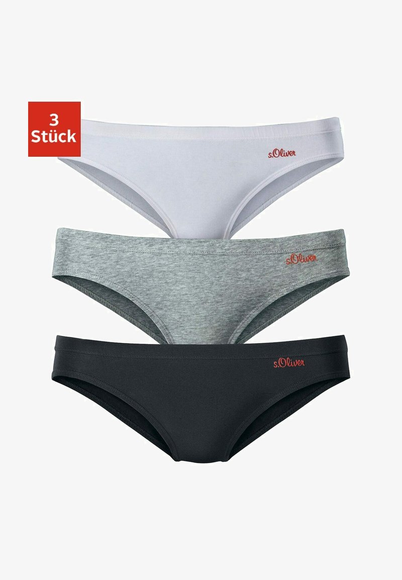 Drie paar damesondergoed in wit, grijs en zwart. Gemaakt van een soepele katoenmix met een elastische tailleband en s.Oliver-logo.