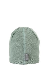 Knit beanie in light green, featuring a seamless design, ribbed cuff, and a small tag on the side. Textured finish throughout.