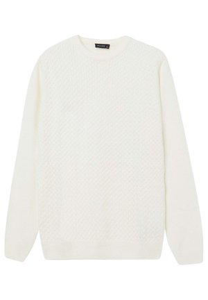 Maglione bianco lavorato a maglia con un motivo a diamante testurizzato. Collo a giro, maniche lunghe e polsini e orlo a costine. Materiale morbido con una vestibilità classica.