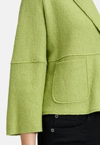 Zielona, teksturowana, filcowa kurtka z szerokimi rękawami i przednią kieszenią. Wykończone krawędzie i zaokrąglony kołnierz. Noszona na czarnych spodniach.