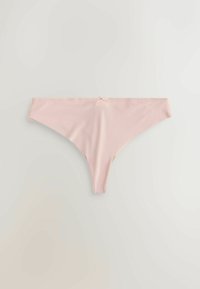 Jasnoróżowe stringi z gładkiego, elastycznego materiału. Posiadają małą kokardkę na środku oraz delikatne przeszycia wzdłuż talii i nogawek.